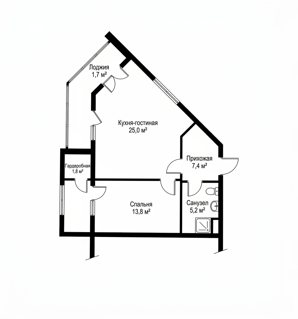 Исходная планировка 54,9 м² — чёрно-белая схема